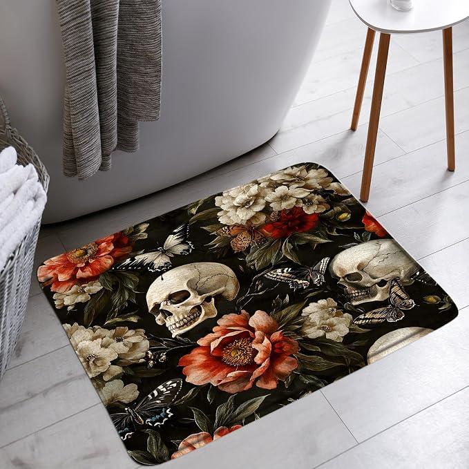 Sugar Skull Floral Bath Mat Spooky Halloween Gothic Flower Butterfly Skeleton Plant Vintage Mystical Bathroom Bathtub Floor Rugs Doormat Toilet Decor,18 x 30 in - skull floor mat