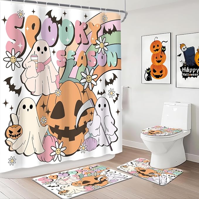 MEHOFOND Halloween Shower Curtain Sets 4 Pcs Spookyween Bathroom Set