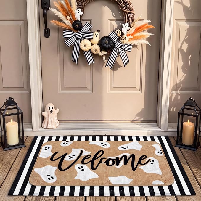 Tinideya 2 Pcs Halloween Door Mat Set, Outdoor Ghost Welcome Front Rug - skull floor mat