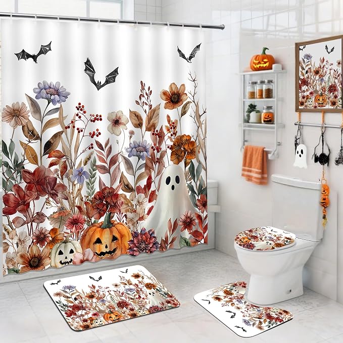 4Pcs Halloween Shower Curtain Set Spooky Floral Pumpkin Ghost Shower Curtain Set with Waterproof Bath Curtain Anti-Slip Bath Mat Toilet Mat for Halloween Bathroom Decor Ghost Decor - skull toilet paper