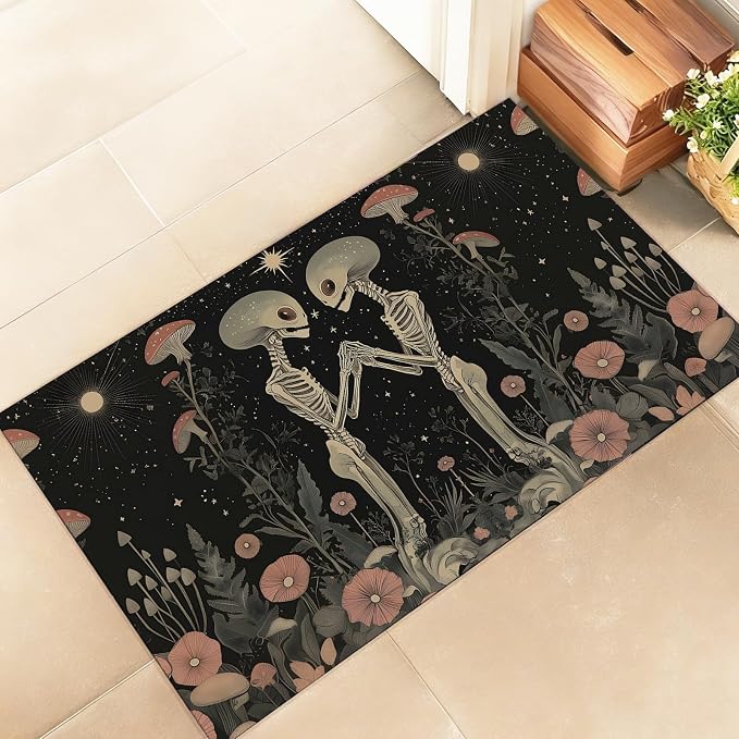 Alien Lover Indoor Door Mat, Stylish 17x29.5in Non-Woven Fabric Floor Doormat with Skull Night Sky and Mushroom Garden,Goth Doormats, for Porch Insider,Bedroom,Living Room, Decor Rug Gifts - skull floor mat