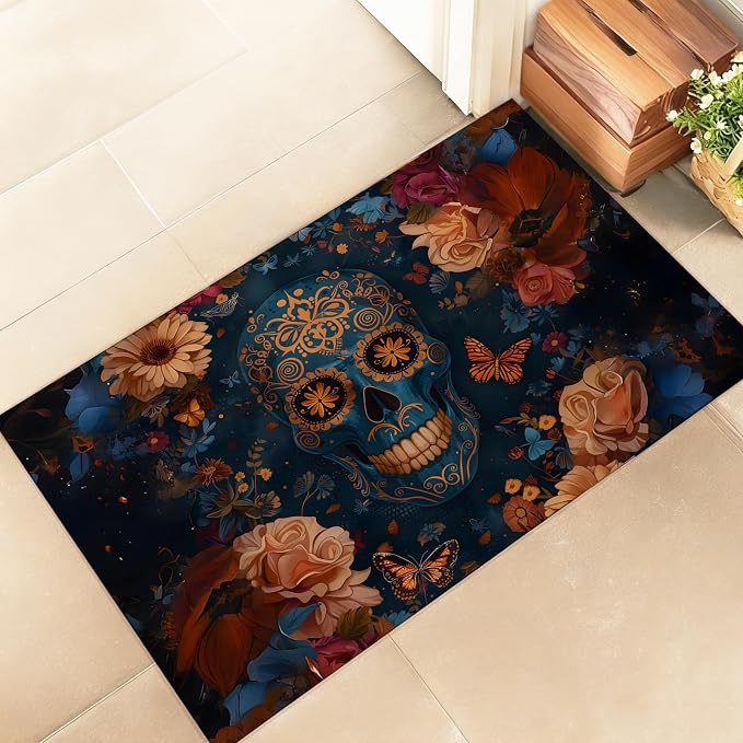 Skull Indoor Door Mat, Stylish 17x29.5in Non-Woven Fabric Floor Doormat with Colorful Floral Butterfly Gothic Art,Halloween Doormats, for Porch Insider,Bedroom,Living Room, Decor Rug Gifts - skull floor mat