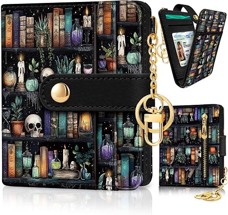 Jogjam Bookshelf and Skull Rfid Women Wallet, Small Slim Credit Card Holder - sugar skull handbags for sale
