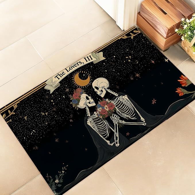 Skull Indoor Door Mat, Stylish 17x29.5in Non-Woven Fabric Floor Doormat with Gothic Romance Couple,Goth Halloween Doormats, for Porch Insider,Bedroom,Living Room, Decor Rug Gifts - skull floor mat