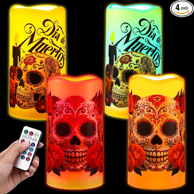 Baquler 4 Pcs Halloween Day of The Dead Flameless Candles Dia De Muertos Decor Sugar LED Battery Operated Skull Candles with Remote Mexican Candle for Day of The Dead Halloween Decor - skull candle