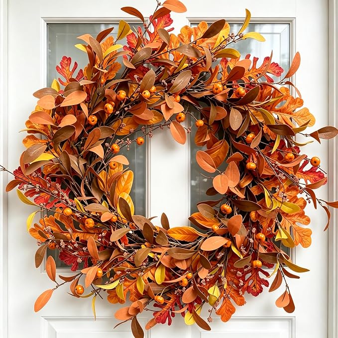 24-inch Fall Wreath Orange Front Door Wreath Handmade Orange Fall Leaf Mini Pumpkin Wreaths Farmhouse Corridor Fireplace Decoration Thanksgiving Halloween Harvest Festival Party Wedding Decor