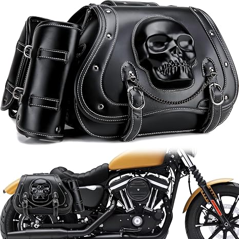Motorcycle Saddlebag, 30L Leather Waterproof Side Saddle Bags with Cup Holder, Universal Powersports Saddlebags for Harley Davidson Sportster Dyna Softail Honda Shadow Rebel Yamaha Vulcan - skull suitcase