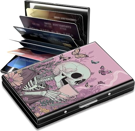 Metal Credit Card Holder RFID Blocking, Pink Skull Coffee Slim Mini Aluminum Wallet Hard Case for Men & Women, Small Business Card Case Card Organizer Case Holds 12 Cards & Bills - skull wallet