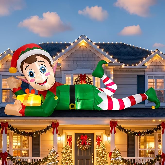 OurWarm 10FT Christmas Inflatable Outdoor Decoration, Giant Elf Inflatable Outdoor Christmas Blow up Yard Decorations with LEDs, Outdoor Christmas Inflatables for Outside Roof Lawn Holiday Xmas Decor - skull inflatable