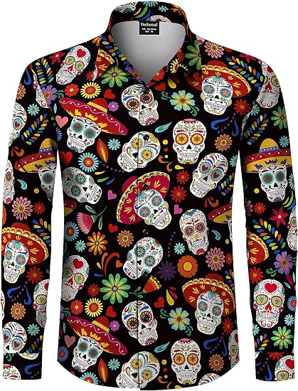 Men's Halloween Novelty Button Down Long Sleeve Shirt, S-4XL - sugar skull dress