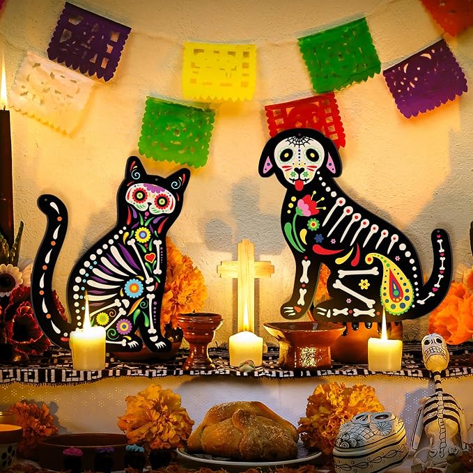 Geelin 2 Pcs Large Day of the Dead Dog Cat Skull Wooden Hanging Sign - sugar skull ornament