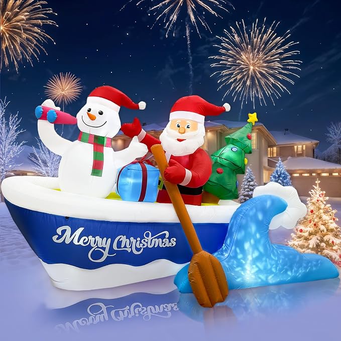 8FT Santa Boat Inflatable Christmas Blow Ups Yard Decor with Rotating Light - skull inflatable