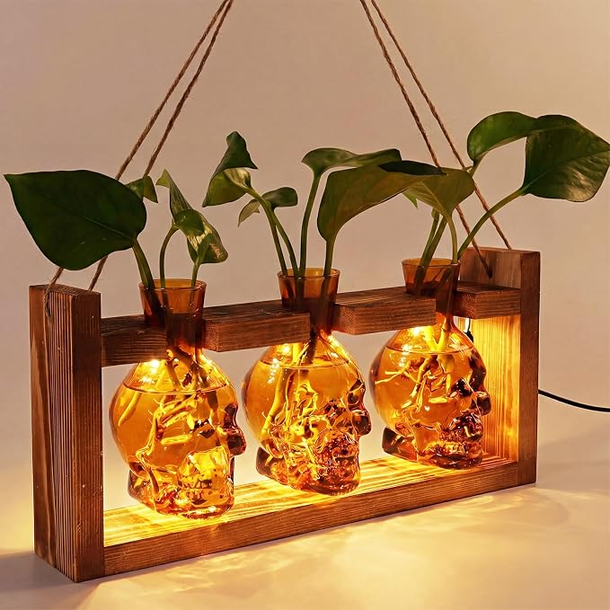 Skull Plant Propagation Station with LED Lights – Halloween Decor Skull Planter, Hydroponics Pot for Office, Unique Gifts for Women & Plant Lovers(Amber)