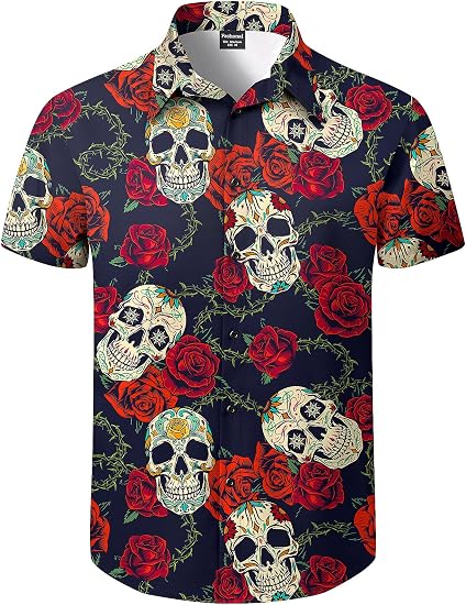 Men's Halloween Button Down Collared Short Sleeve Shirt - sugar skull dress