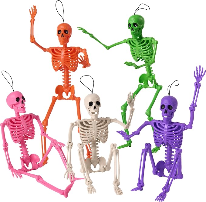 JOYIN 5 PCS Posable Halloween Skeleton Decor 16 Inches, Full Body Movable Joints Posable Skeleton, Hanging Skeletons for Halloween Decoration, Home Yard, Graveyard, Haunted House, Spooky Scene - skeleton