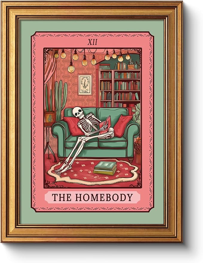 Vintage Spooky Cozy Home Scene Framed Wall Art 12x16, Funny Retro Illustration “The Homebody” Skeleton Tarot Canvas Print, Halloween Gothic Quirky Dark Humor Bedroom Office Aesthetic Decor - skull painting