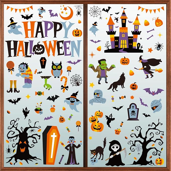 116PCS Halloween Window Clings, 9 Sheets Halloween Decorations, Cute Witch Tree Zombie Ghost Patterns PVC Window Stickers for Treat or Trick Party Favors Decal Supplies Decor Accessories - skull sticker