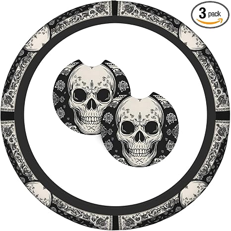 Retro Skull 3 Pcs Steering Wheel Cover Decoration Set with 2 Coasters, Universal Non-Slip and Comfortable car Interior Set– Fits 14.5-15 Inch Steering Wheels Cover for Cars, SUVs, and Trucks - skull coaster