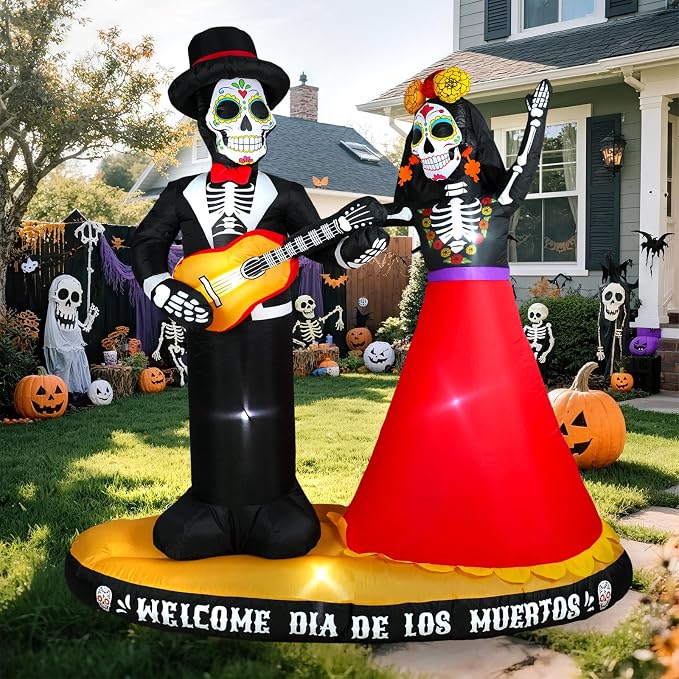 6 FT Halloween Inflatables Decor Day of The Dead Spooky Sugar Skull Couple Altar, Dia de Los Muertos Decoration, Halloween Blow up Yard Decorations with Built-in LED for Garden, Lawn - skull inflatable