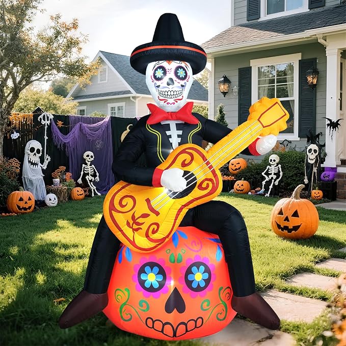 6 FT Halloween Inflatables Decoration, Dia De Los Muertos Decor, Day of The Dead Spooky Sugar Skull Guitar Pumpkin, Blow Up Yard Decorations with Built-in LED for Outdoor Garden, Lawn - skull inflatable