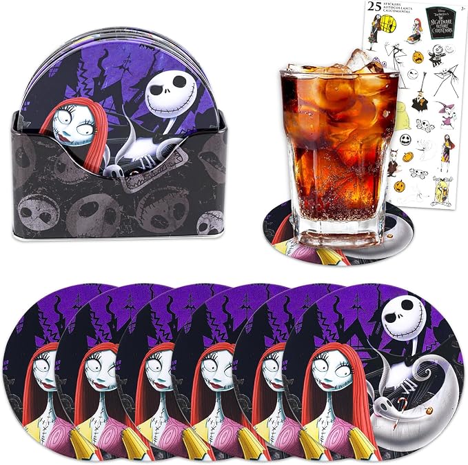 Nightmare Before Christmas Coaster Set - Home Decor Bundle with 6 Jack and Sally Tin Coasters with Storage Container Plus Stickers | Nightmare Before Christmas Coasters for Coffee Table - skull coaster