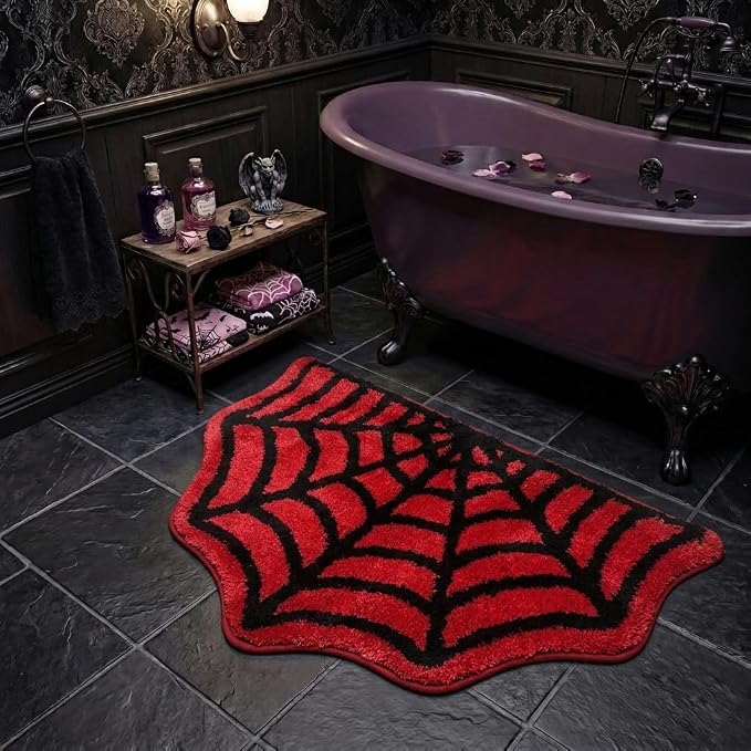 Spider Web Bathroom Rugs, Halloween Bath Mat Non-Slip Bath Rug Machine Washable Goth Rug, 31"×20" Small Area Rugs for Front Door Bedroom Kitchen（Red） - skull toilet rug