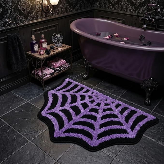 Spider Web Bathroom Rugs, Halloween Bath Mat Non-Slip Bath Rug Machine Washable Goth Rug, 31"×20" Small Area Rugs for Front Door Bedroom Kitchen（Purple） - skull toilet mat