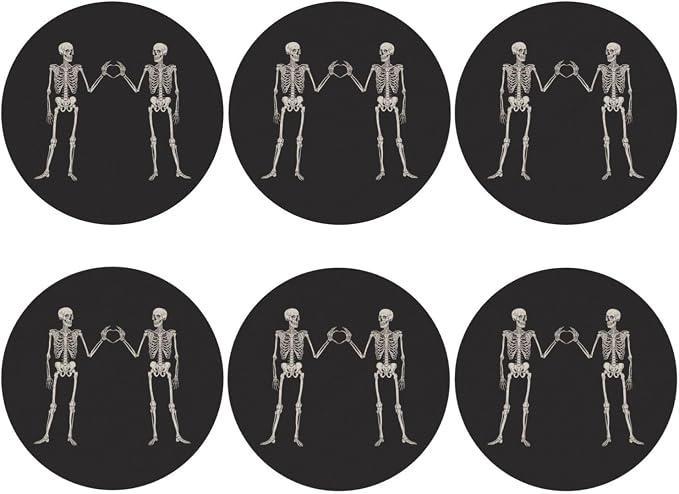 Halloween Funny Skull Skeleton Love 6 Pcs Drink Coasters - Leather Coasters Set - Resistant Round Coaster Non-Slip Table Mat - Kitchen Bar Home Decor Housewarming Gift - skull coaster