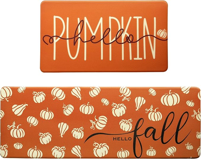 Fall Autumn Pumpkin Orange Kitchen Rug Sets 2 PCs, 17"x29"+17"x47" - skull floor mat