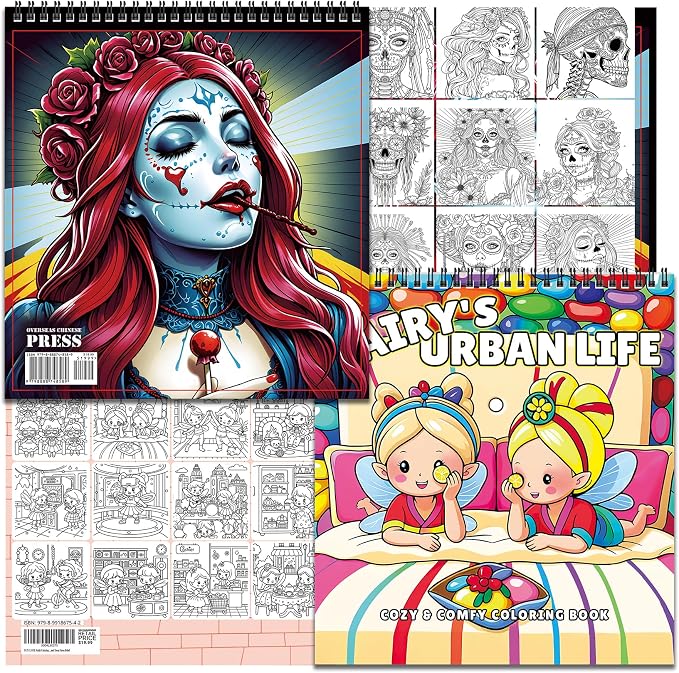 Fun LAVIE Sugar Skull & Fairy's Urban Life Adult Coloring Book Set Bundle – 2 Spiral Bound Books with 64 Pages Total for Adults Relaxation and Teens Stress Relief - sugar skull book
