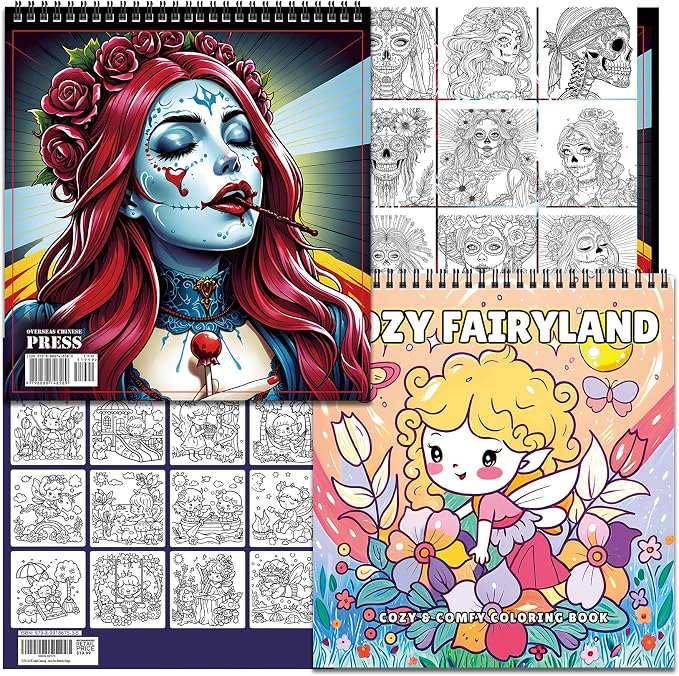 Fun LAVIE Sugar Skull & Cozy Fairyland Adult Coloring Book Set Bundle – 2 Spiral Bound Books with 64 Pages Total for Adults Relaxation and Teens Stress Relief - sugar skull book
