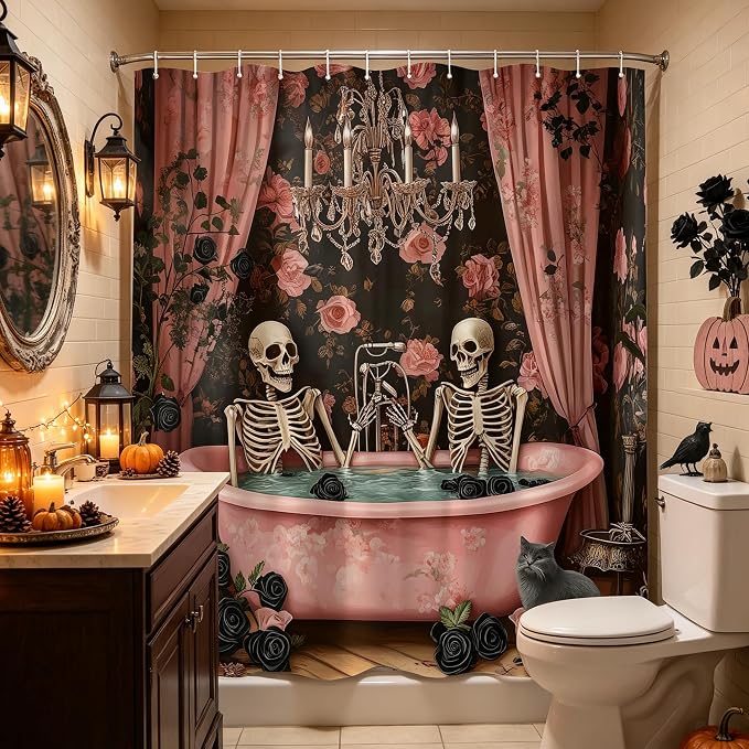Funny Skull Skeleton Shower Curtain Gothic Halloween,70Wx70L Inch