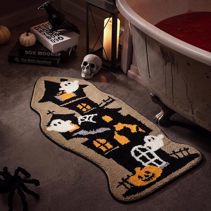 Phantoscope Halloween Bathroom rug Haunted House Shaped Area Rug, Soft Tufted Floor Mat for Front Door, Non-Slip Decorative Rug Gothic Halloween Doormat for Living Room Bathroom, Black, 18 x 47 inches - skull carpet