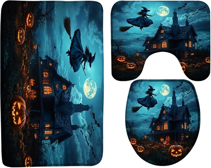 3PCS Halloween Castle Bath Mat Set Spooky Pumpkins Magic Witch Scary Night Full Moon Bat Gothic Haunted House Horror Dead Day Bathroom Bath Mat，U-Shaped Contour Rug and Toilet Lid Cover - skull toilet mat