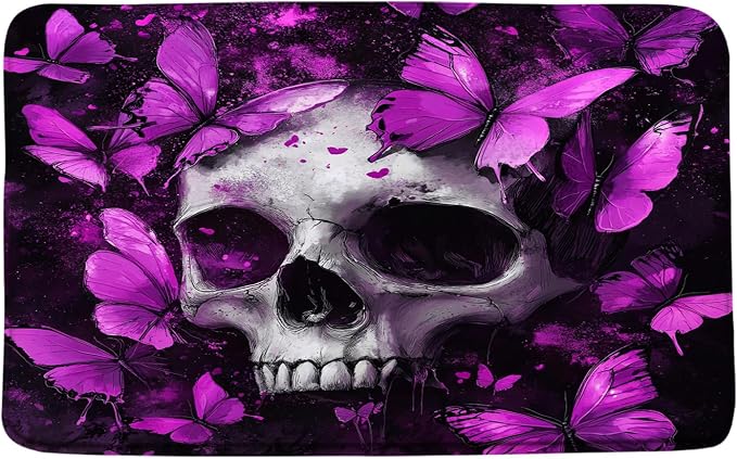 Skull Butterfly Bath Mat Gothic Purple Sugar Skeleton Head Vintage Halloween Scary Spooky Horror Dead Creepy Day Bathroom Floor Bathtub Bath Rug - skull toilet mat