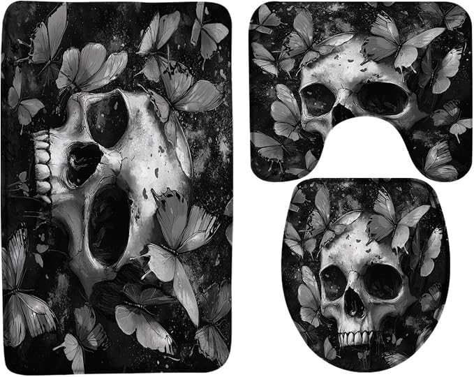 3PCS Skull Butterfly Bath Mat Set Gothic Grey Sugar Skeleton Head Vintage Halloween Scary Spooky Horror Dead Creepy Day Bathroom Bath Mat，U-Shaped Contour Rug and Toilet Lid Cover - skull toilet mat