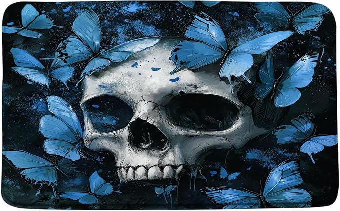 Skull Butterfly Bath Mat Gothic Blue Sugar Skeleton Head Vintage Halloween Scary Spooky Horror Dead Creepy Day Bathroom Floor Bathtub Bath Rug - skull toilet mat