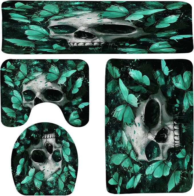 4PCS Skull Butterfly Bath Mat Set Gothic Teal Sugar Skeleton Head Vintage Halloween Scary Spooky Horror Dead Creepy Day Bath Mats,Toilet Cover,U-Shaped Toilet Mat - skull toilet mat