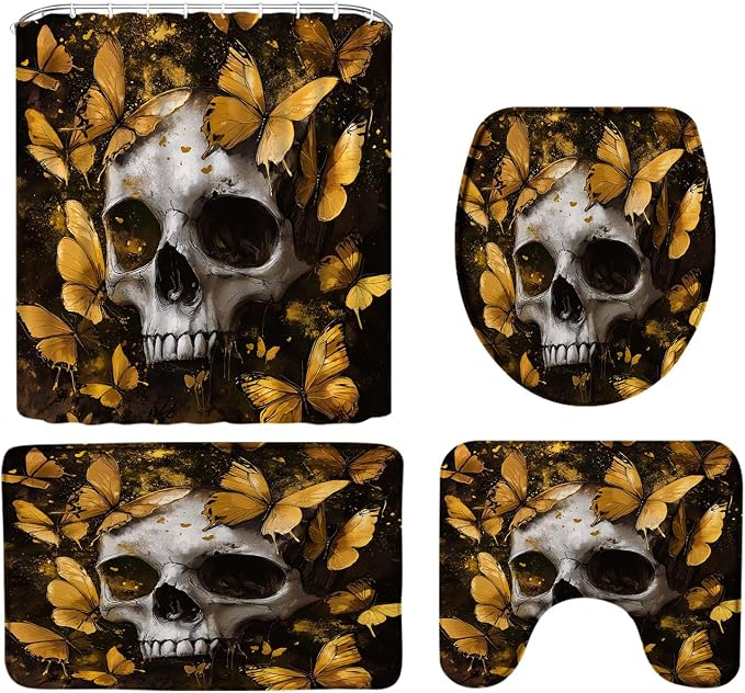 4PCS Skull Butterfly Shower Curtain Set Gothic Yellow Sugar Skeleton Head Vintage Halloween Scary Spooky Horror Dead Creepy Day Bath Mats,Toilet Cover and U-Shaped Toilet Mat - skull toilet mat