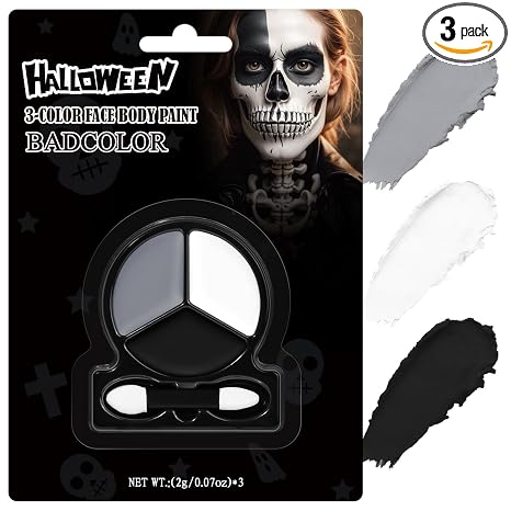 Black White Grey Face Body Paint with Applicator, Oil Based Face Painting Kit for Halloween Skeleton, Skull, Gothic Makeup, Costume Parties, Dress Up, Cosplay, Stage & Special FX Makeup - Travel Size - sugar skull makeup