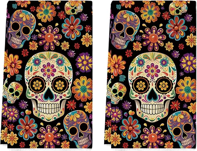 Artoid Mode Flower Day of The Dead Kitchen Towels Set of 2 18x26 Inch - skull candle