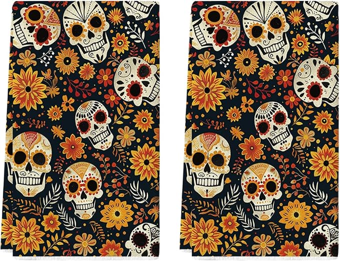 Artoid Mode Sugar Skull Day of The Dead Kitchen Towels Set of 2 18x26 Inch - skull wreath
