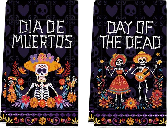 Artoid Mode Skeleton Day of The Dead Kitchen Towels Set of 2 18x26 Inch - skull wreath