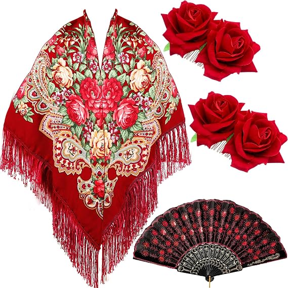 Jiuguva 4 Pcs Traditional Mexican Flamenco Dress for Women Tassel Mexican Scarf Shawl Halloween Day of the Dead Costumes - sugar skull dress