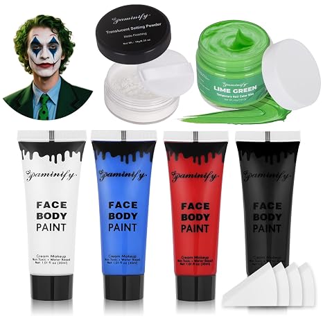 Halloween Joker Clown Makeup Kit,Red White Blue Black Face Body Paint+Lime Green Temporary Hair Dye+Setting Powder+4 pcs sponge,Face Painting for Clown Skull Cosplay Costume SFX Makeup Set - skull painting