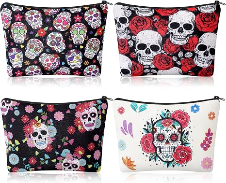 Preboun 4 Pack Sugar Skull Makeup Bags Day of The Dead Cosmetic Bag Gifts