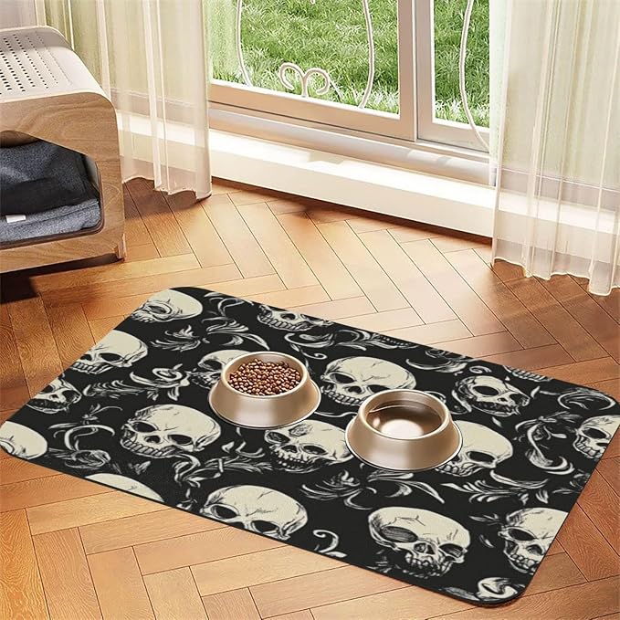Black Skulls Skeleton Pet Feeding Mat Absorbent Dog Food Mat for Floor Cat Dog Bowl Mats Rug Pet Placemats for Food Water Pets Supplies 12x18 - skull floor mat