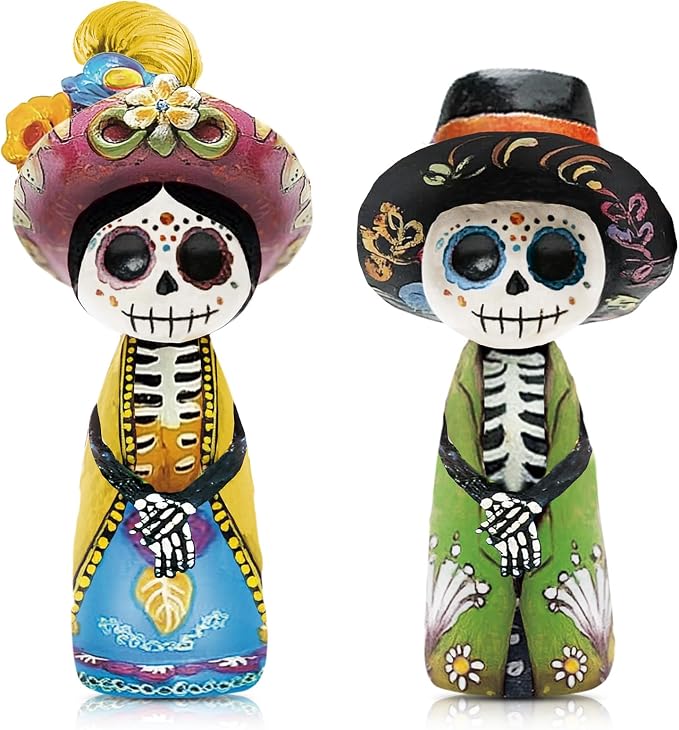 Yuntau 2 Pcs Day of The Dead Figurines Wooden Dia De Los Muertos Skull - skull plate
