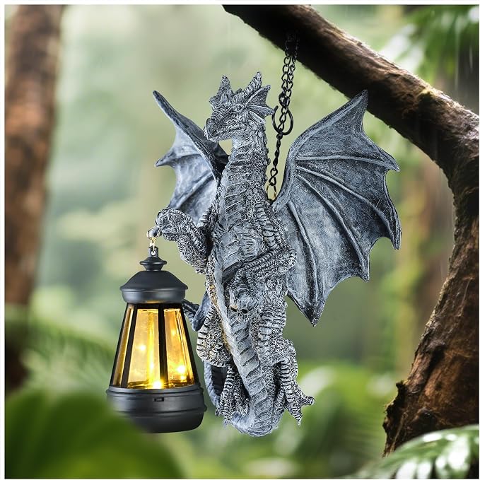 Solar Dragon Tree Hugger Statue - 9.6" Garden Decor with LED Lights and Skull, Waterproof Resin Dragon Sculpture for Outdoor Patio, Yard & Lawn Decorations, Unique Gift for Fantasy Lovers - skull lamp
