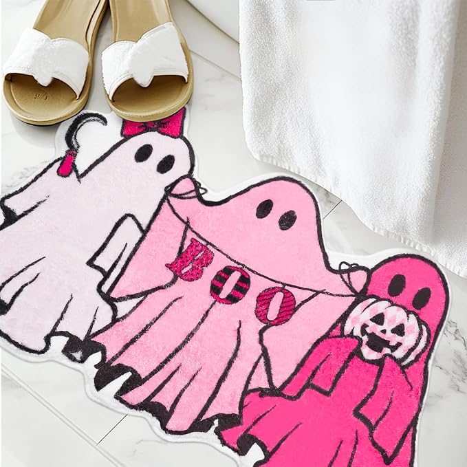 Halloween Bath Mat Pink Ghost Bathroom Rugs Non Slip Spooky Plush Shower Rugs Washable Halloween Absorbent Bath Tub Carpet Halloween Bathroom Decor Supplies - skull carpet
